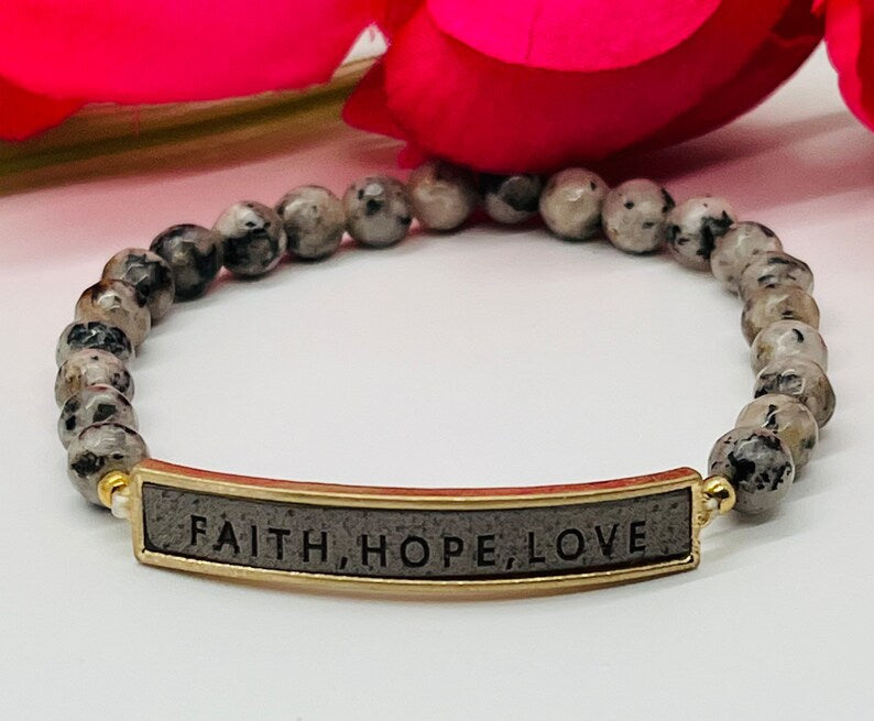 Faith Hope Love Inspirational Grey Beaded Bracelet