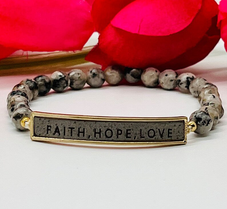 Faith Hope Love Inspirational Grey Beaded Bracelet