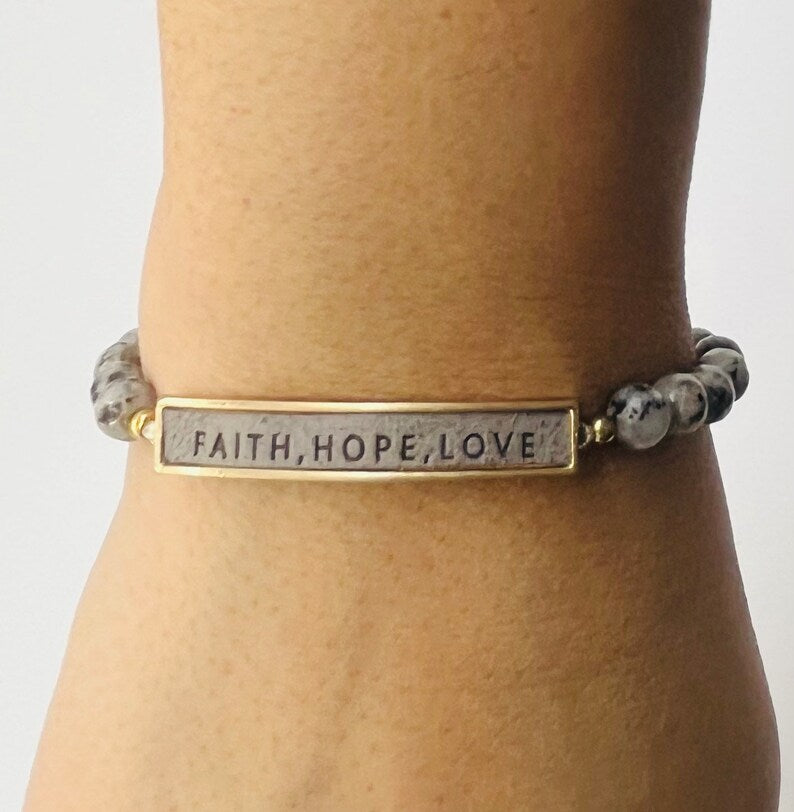 Faith Hope Love Inspirational Grey Beaded Bracelet