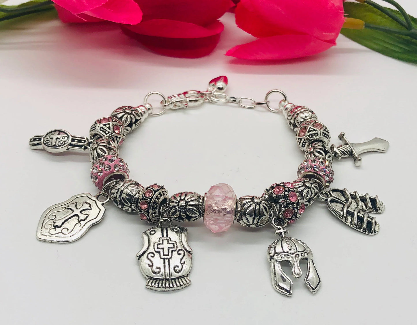 Armor of God Charm Bracelet, Light Pink