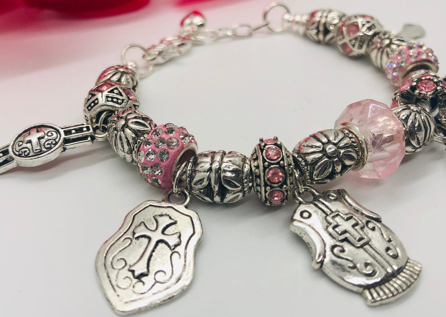 Armor of God Charm Bracelet, Light Pink