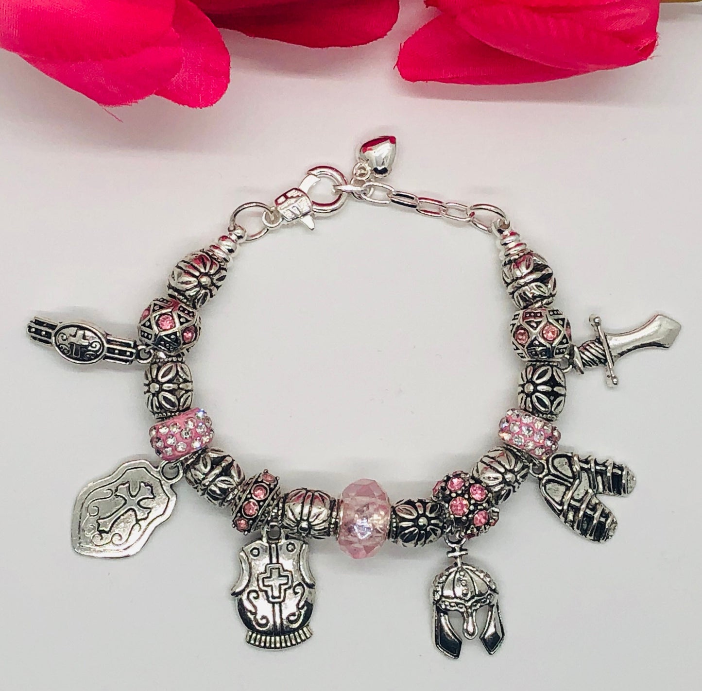 Armor of God Charm Bracelet, Light Pink
