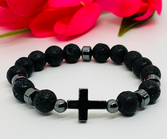 Men’s Hematite Sideways Cross Beaded Bracelet