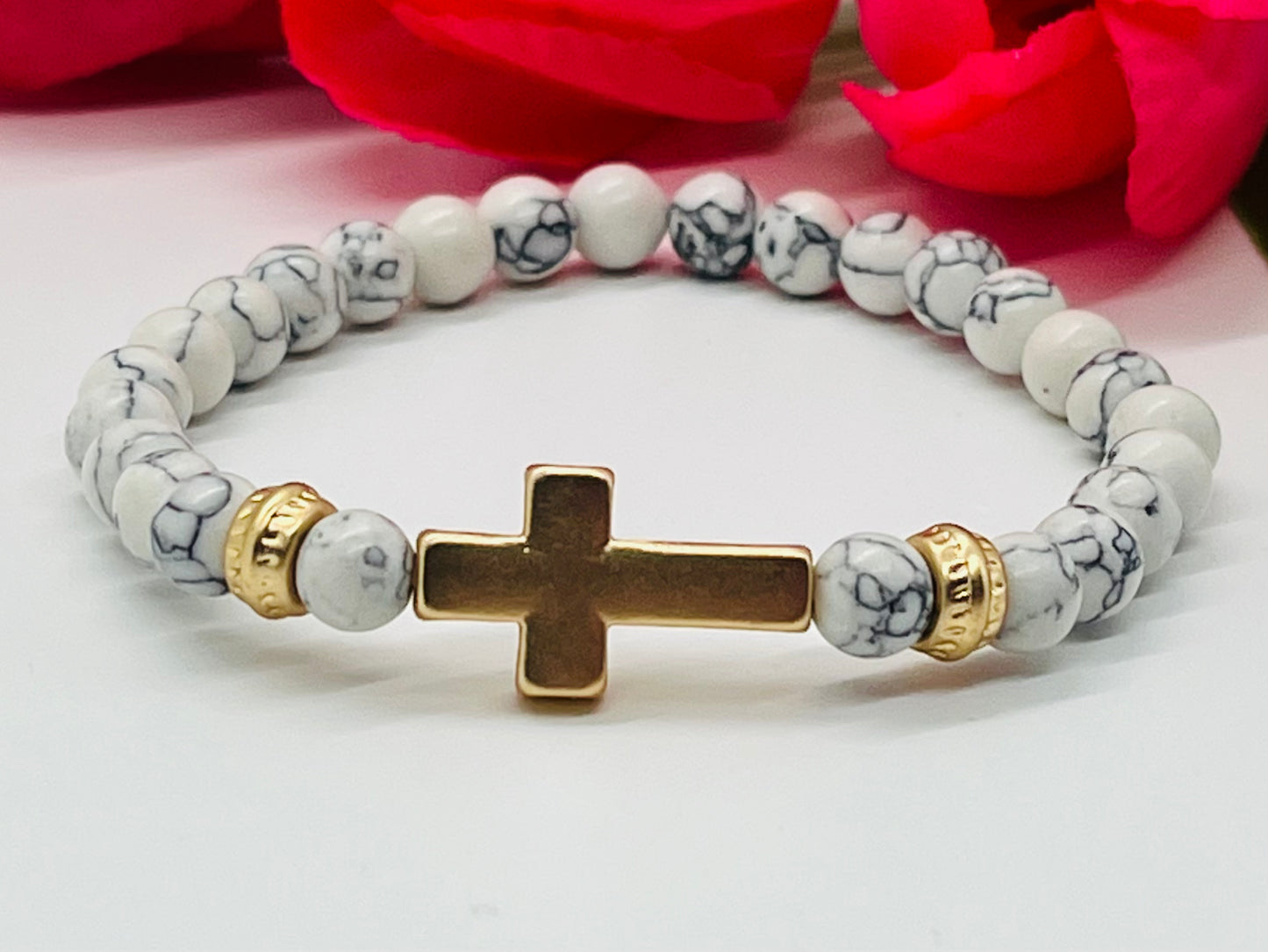 Sideways Cross White Marble Beaded Bracelet