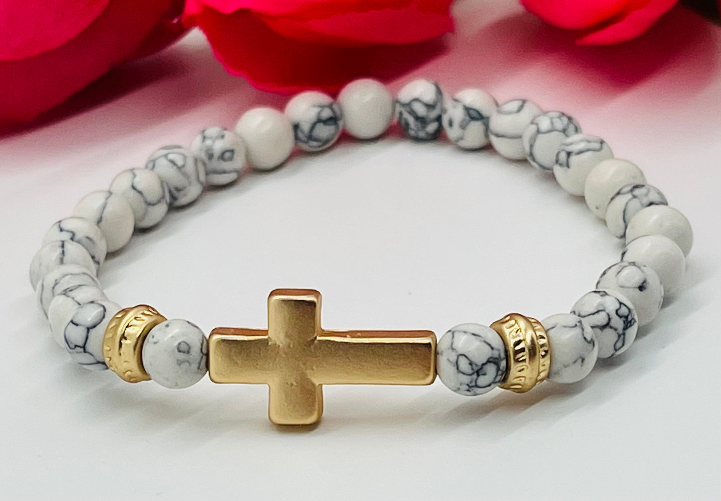 Sideways Cross White Marble Beaded Bracelet