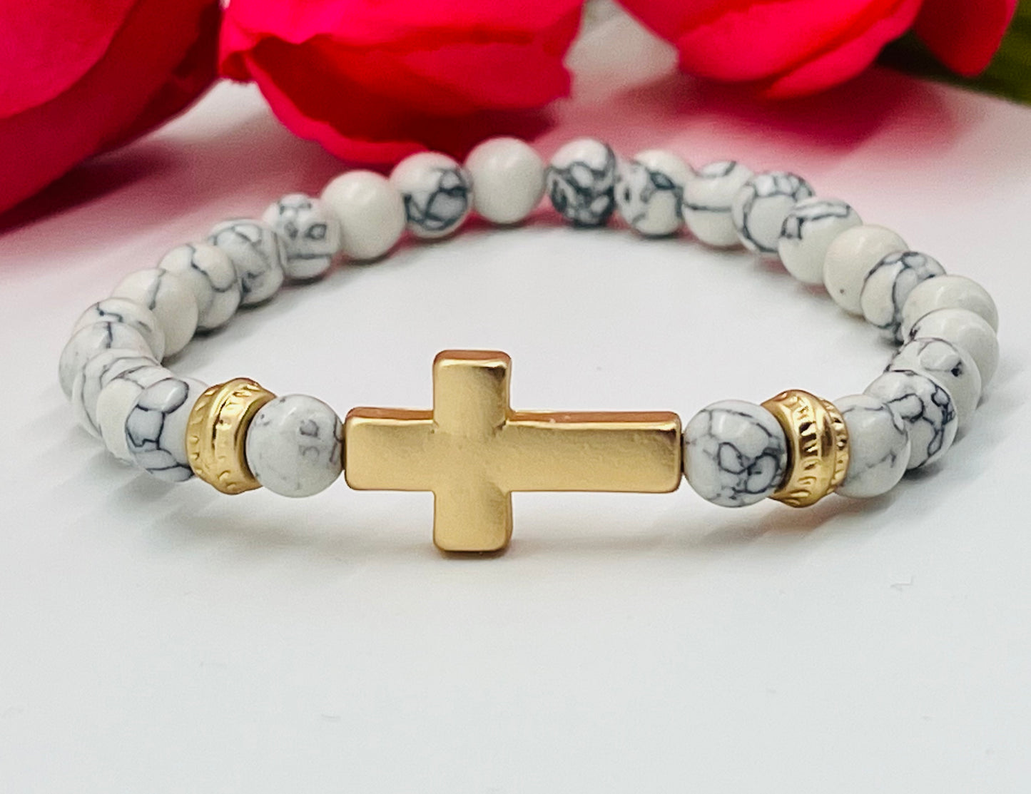 Sideways Cross White Marble Beaded Bracelet