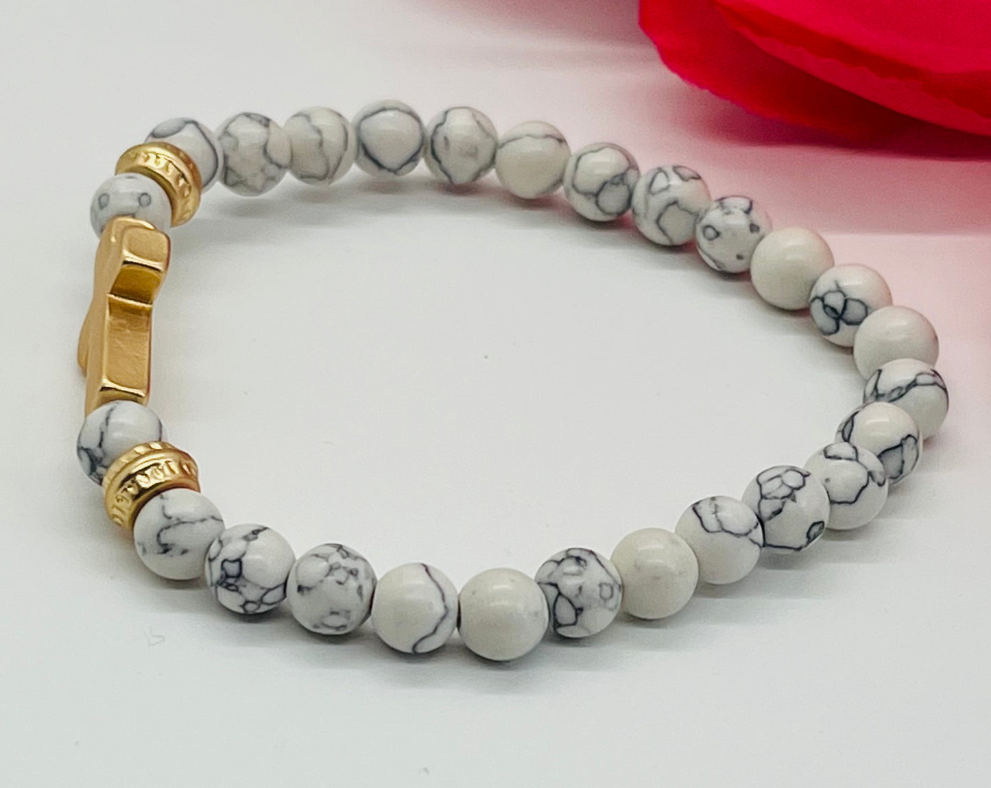 Sideways Cross White Marble Beaded Bracelet