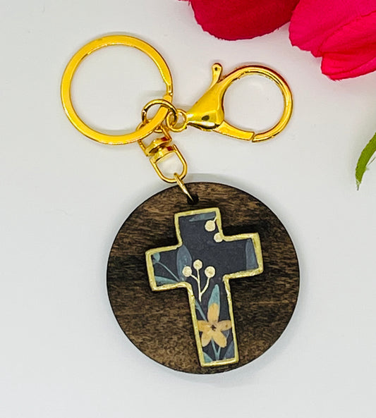 Flower Cross Keyring Decoupage Wood Keychain For Women