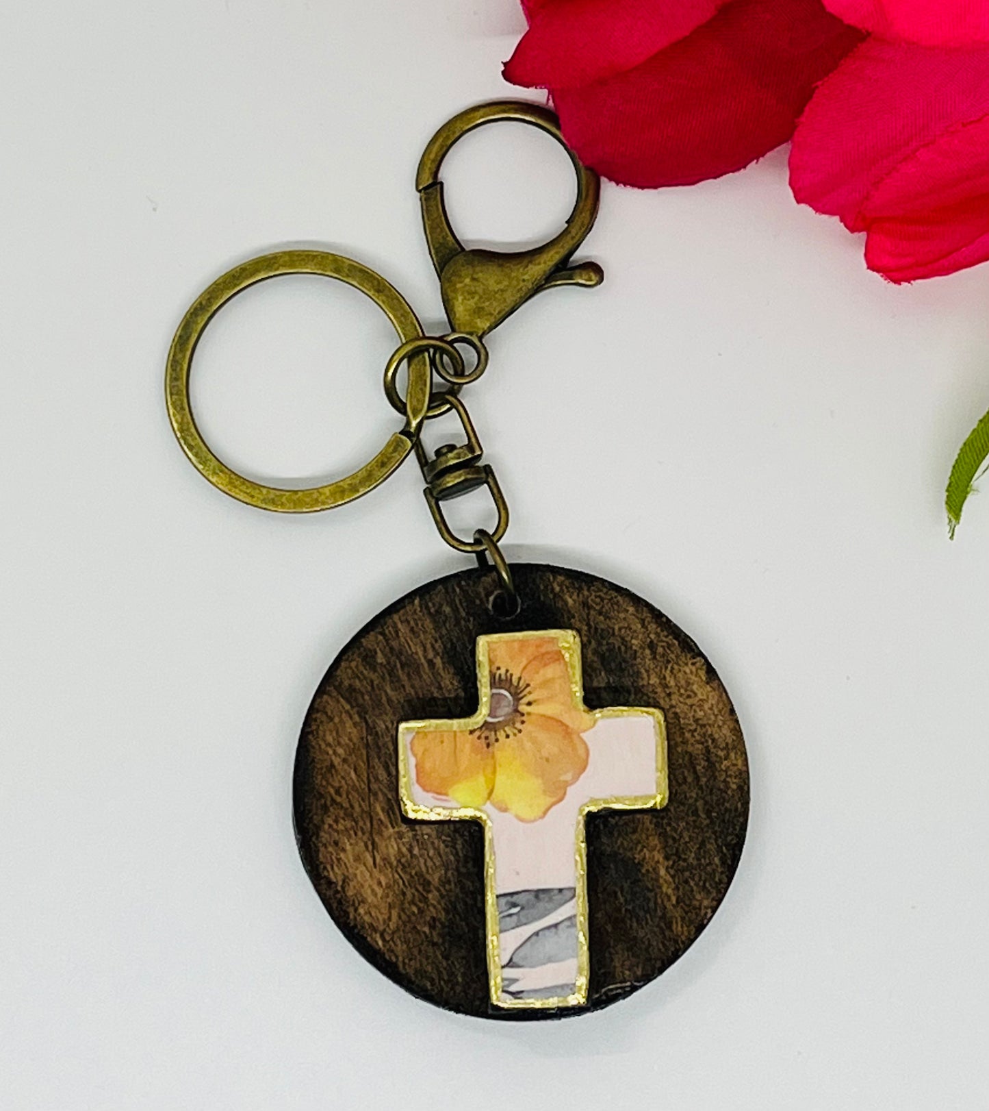 Flower Cross Keyring Decoupage Wood Keychain