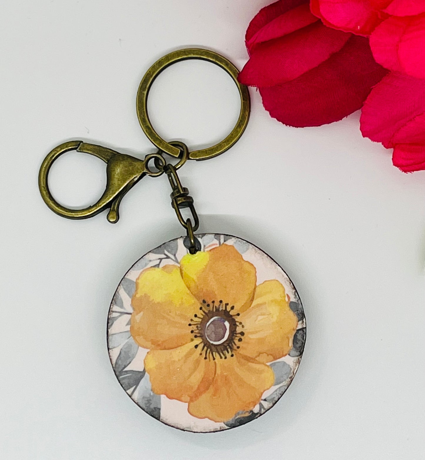 Flower Cross Keyring Decoupage Wood Keychain