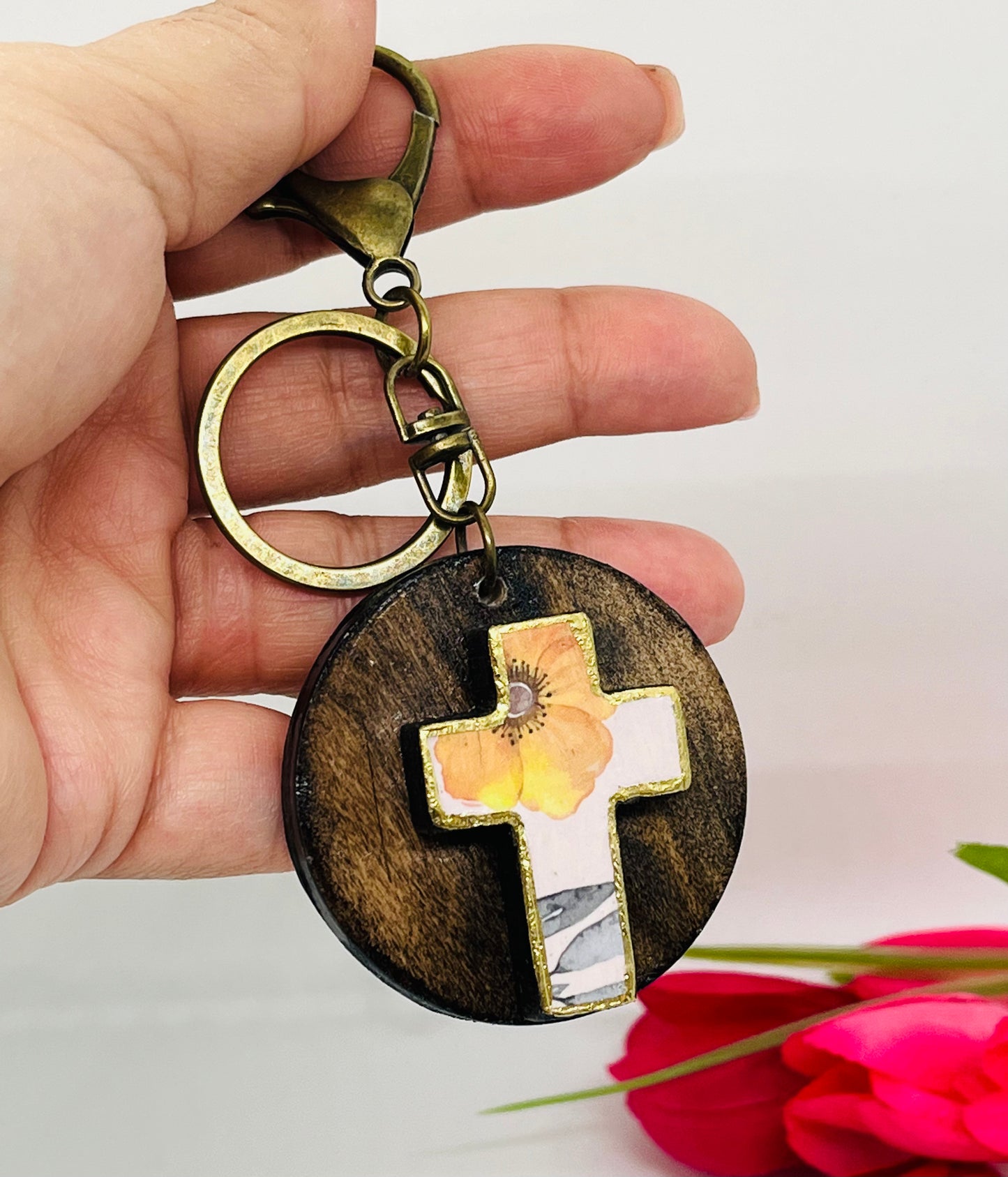 Flower Cross Keyring Decoupage Wood Keychain