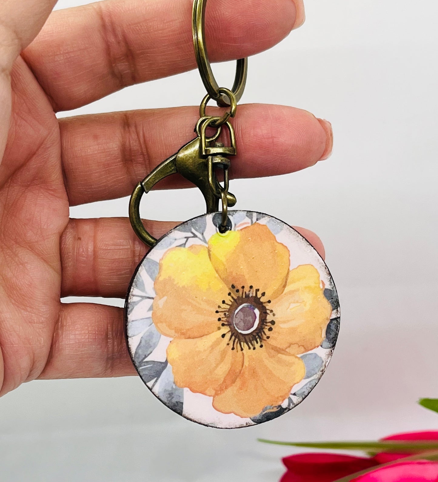 Flower Cross Keyring Decoupage Wood Keychain