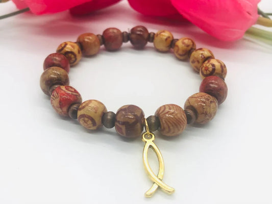 Fish Charm, Wood Beaded Stretch Bracelet