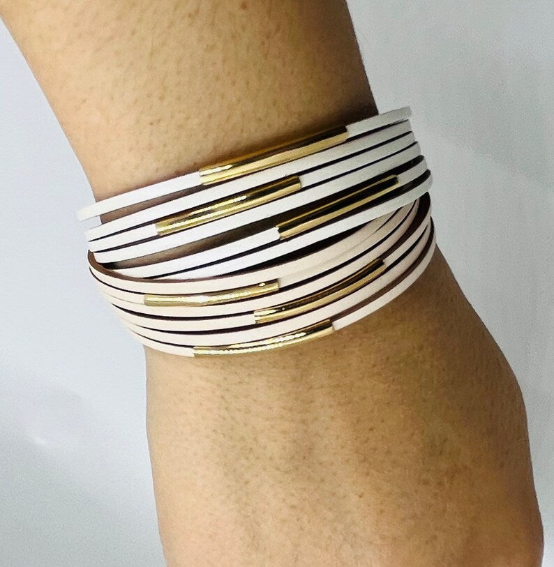 White & Gold Multi Strand Cuff Bracelets for Women