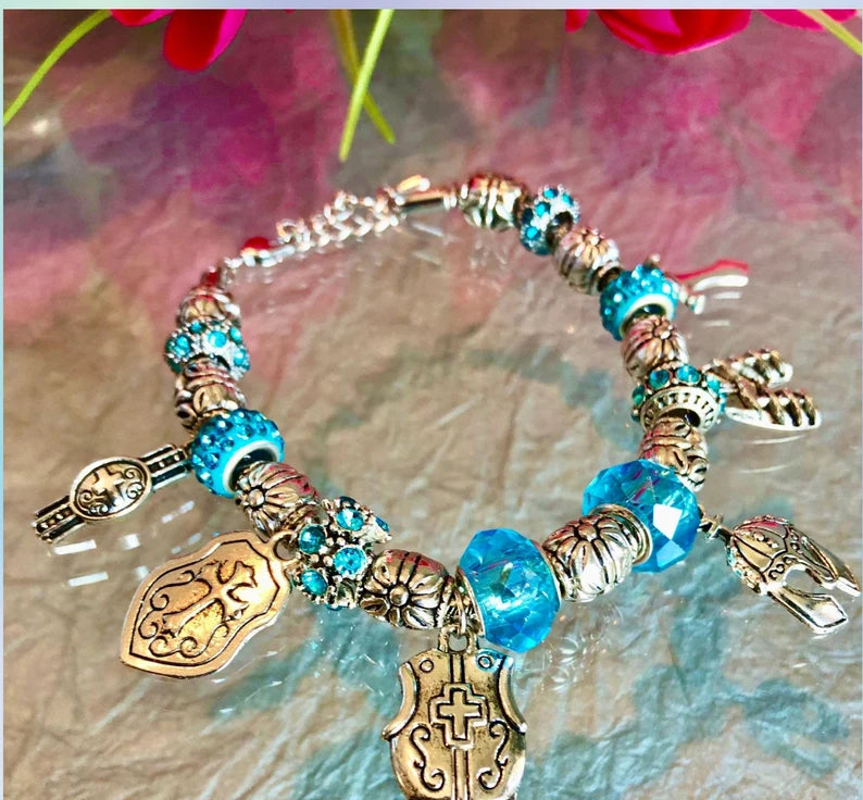 Armor of God Charm Bracelet, Aqua