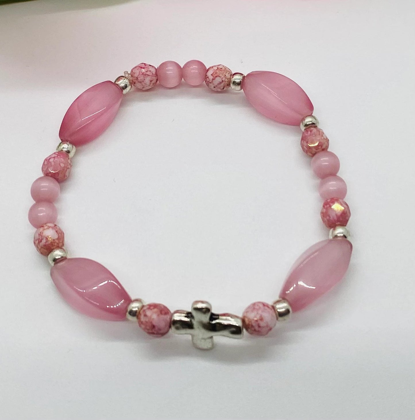 Pink Sideways Cross Beaded Bracelet