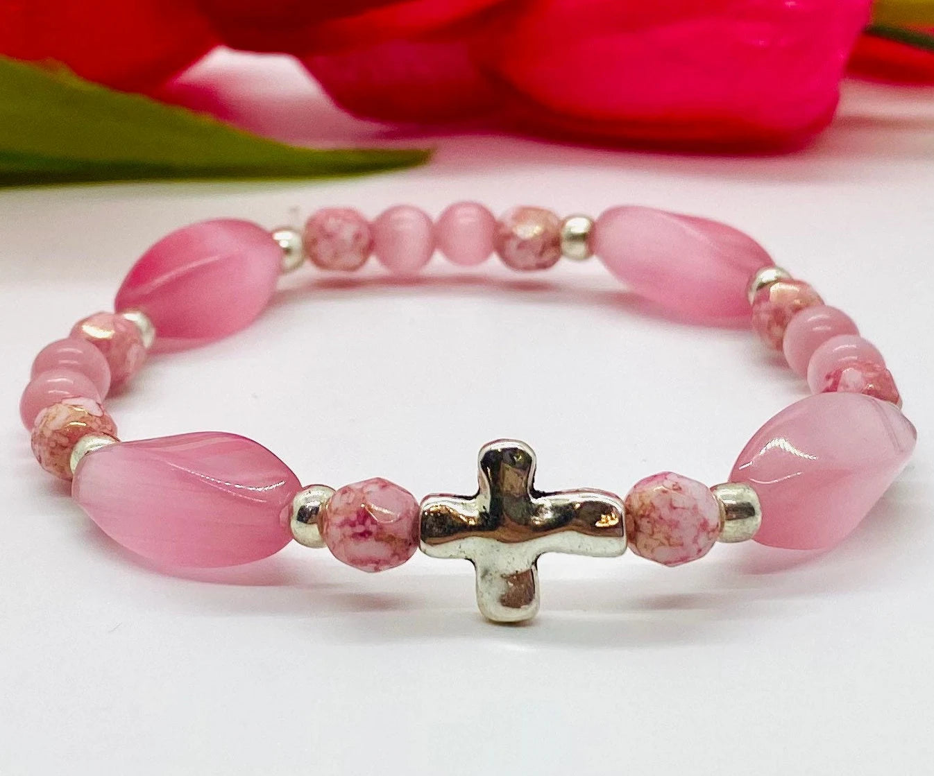 Pink Sideways Cross Beaded Bracelet